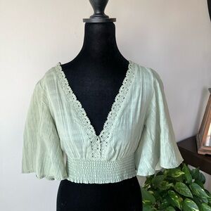 Timing Sage Green Smocked Waist V-Neck Cropped Blouse